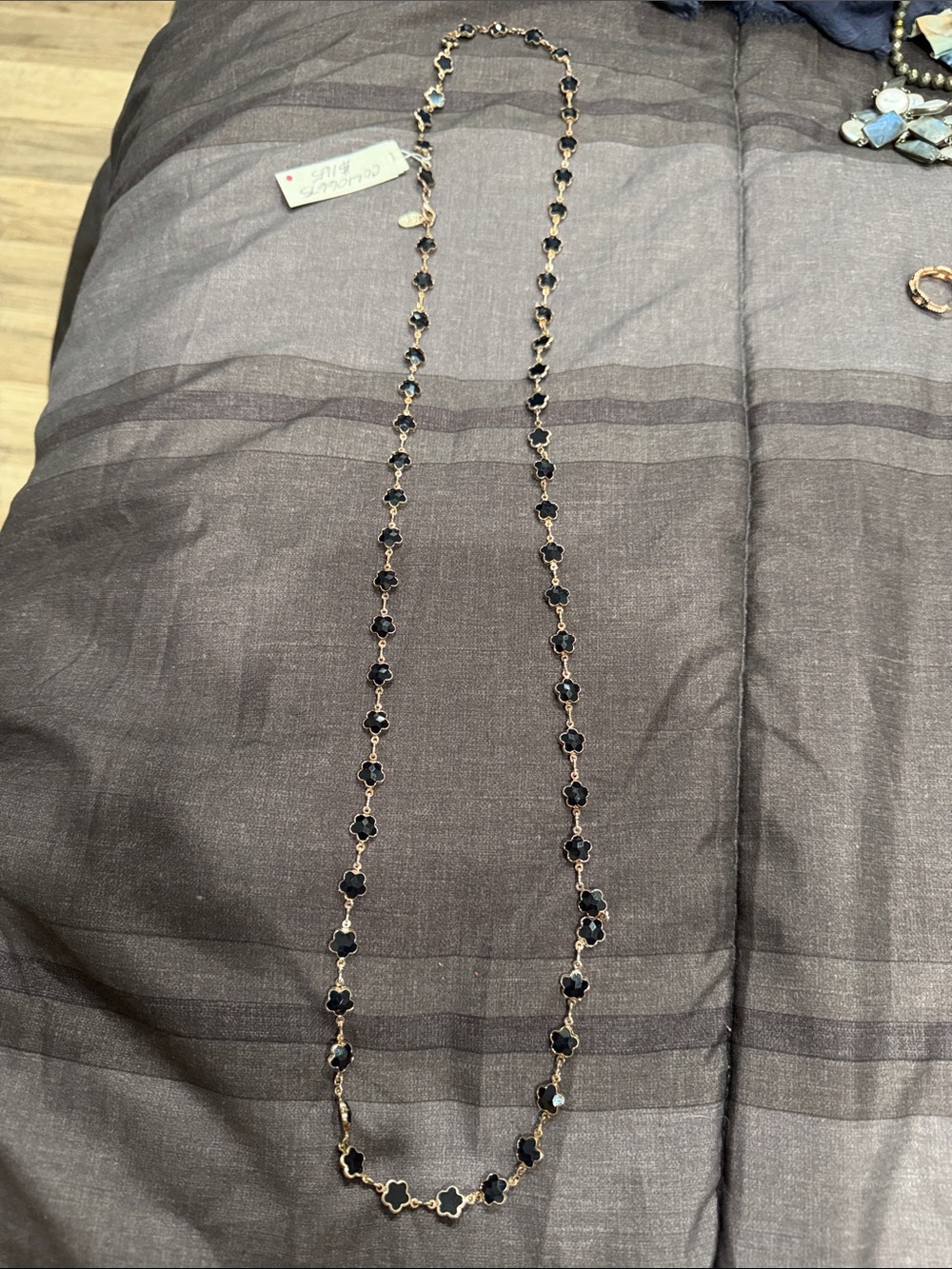 Long Black Clover Link Necklace - 14K Gold Plated